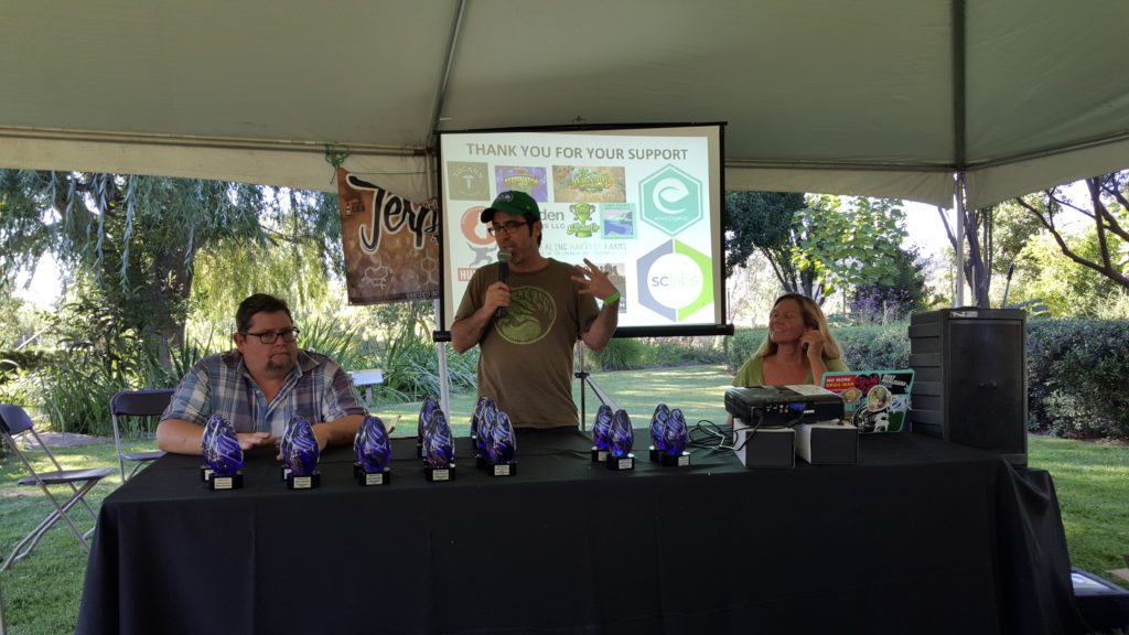 Rick Pfrommer, Dominic Corva and Michelle Sexton lead the Terpene Tournament award ceremony at the 2nd annual Terpestival on July 23, 2016. 